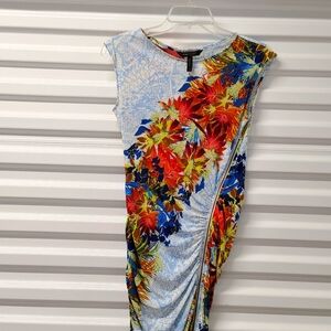 BCBG MAXAZRIA FULL ZIP WIGGLE BODYCON BOTANICAL BLUE PYTHON MIDI DRESS WOMENS XS